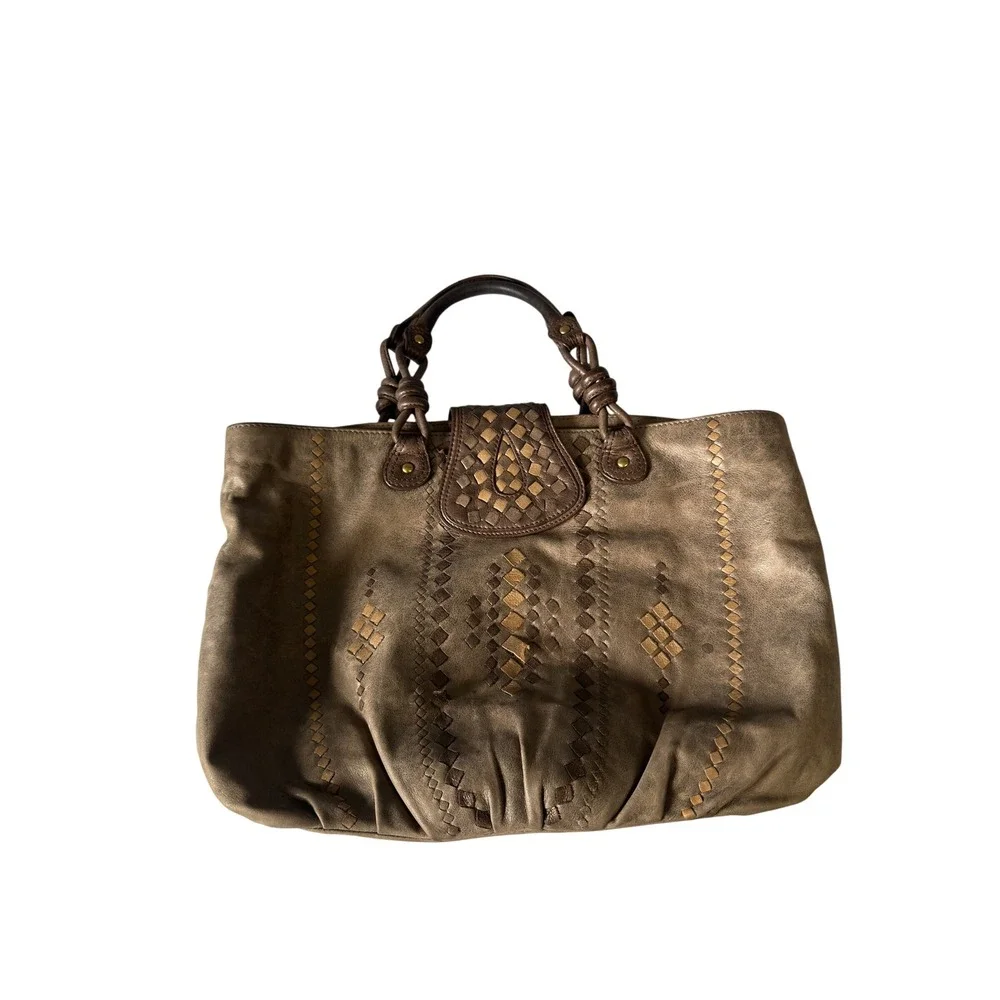 Isabella Fiore Vintage Woven Leather Tote Hobo Bag Tan Brown Western KC